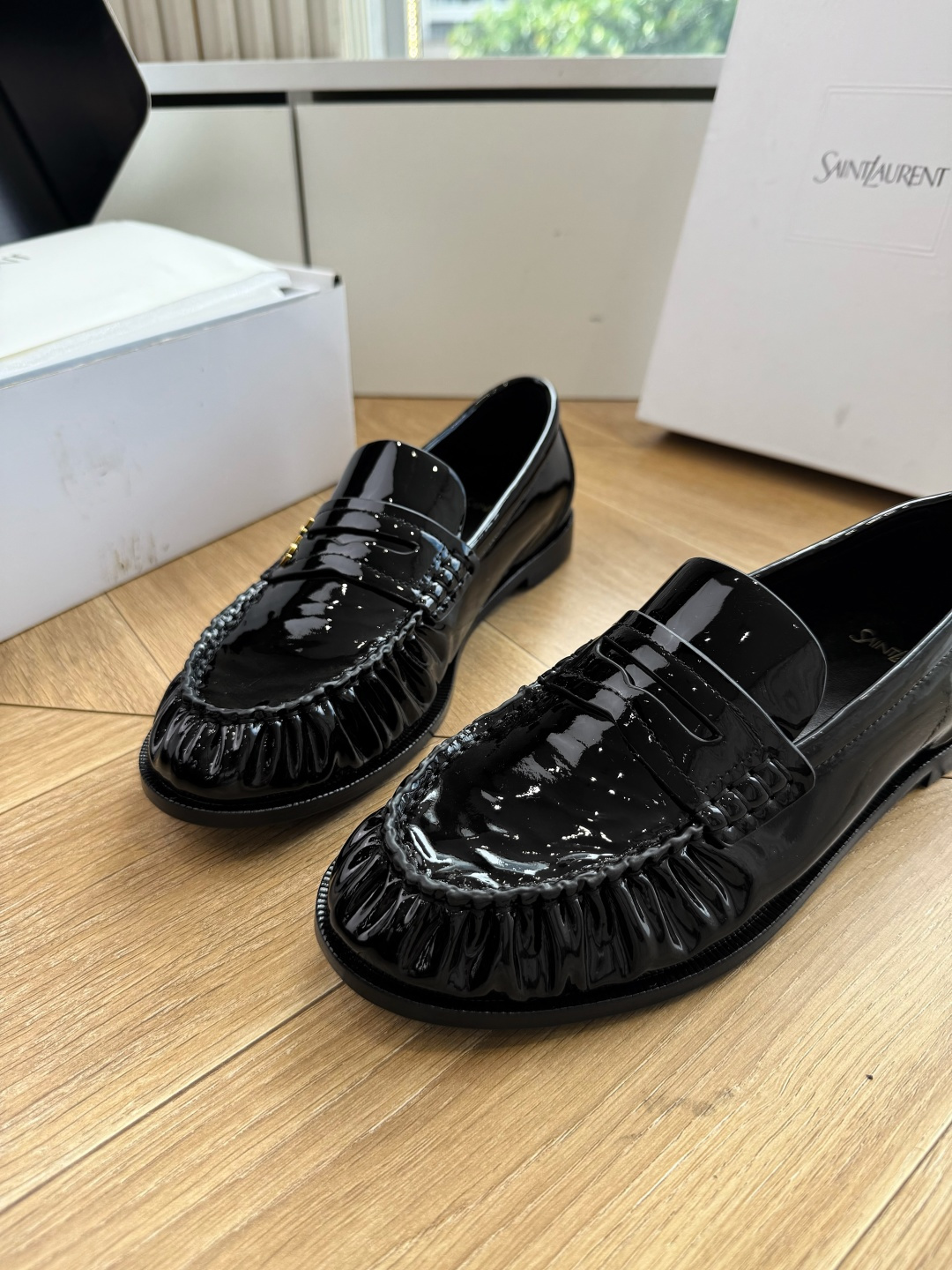 YSL Black Patent Ruched Logo Loafers