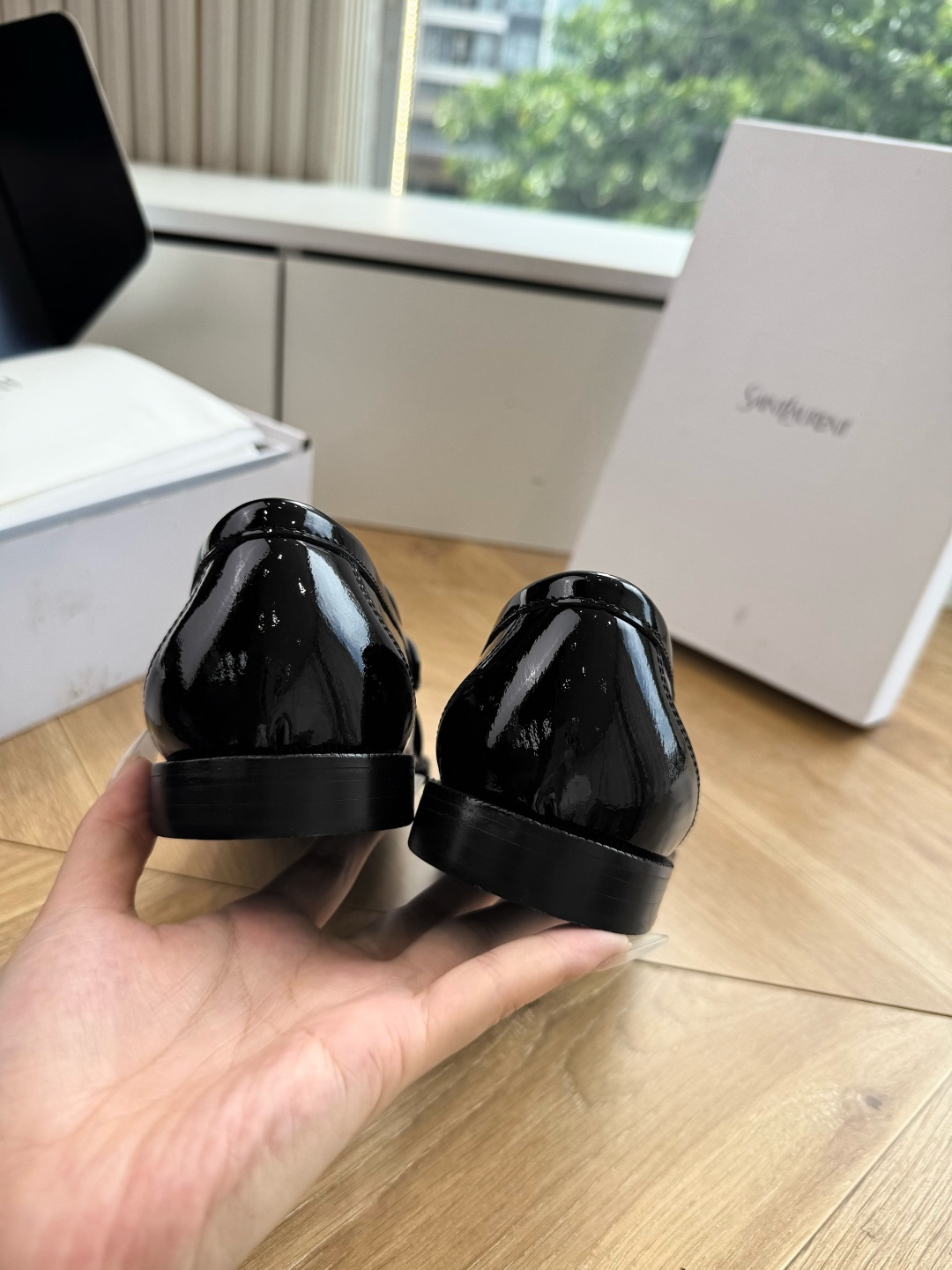 YSL Black Patent Ruched Logo Loafers