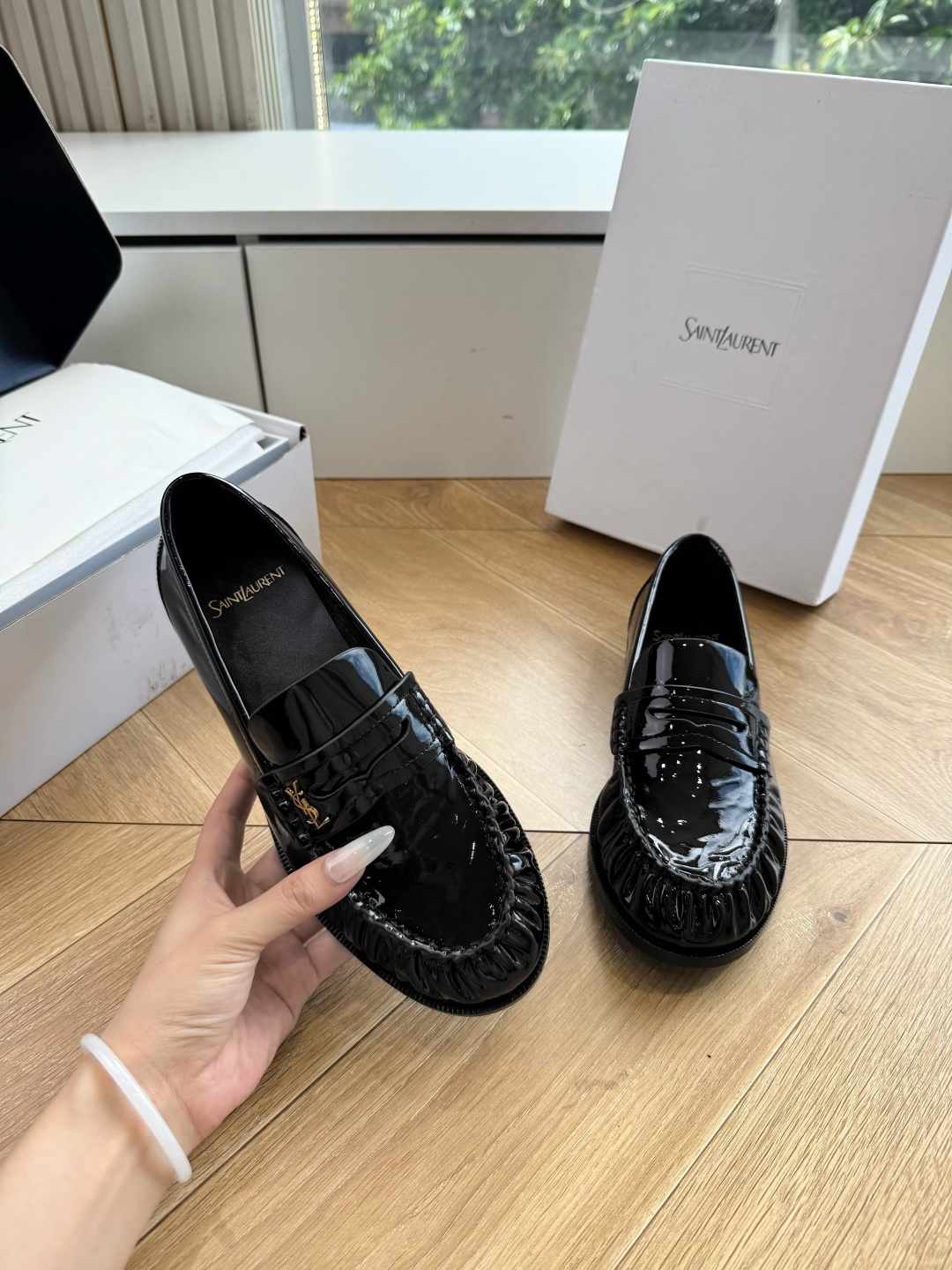 YSL Black Patent Ruched Logo Loafers