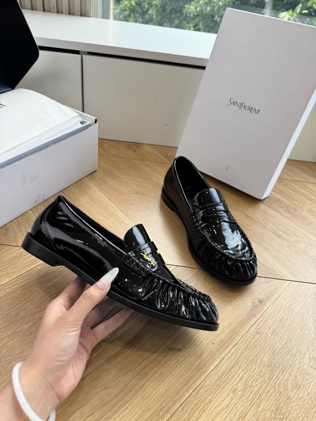 YSL Black Patent Ruched Logo Loafers
