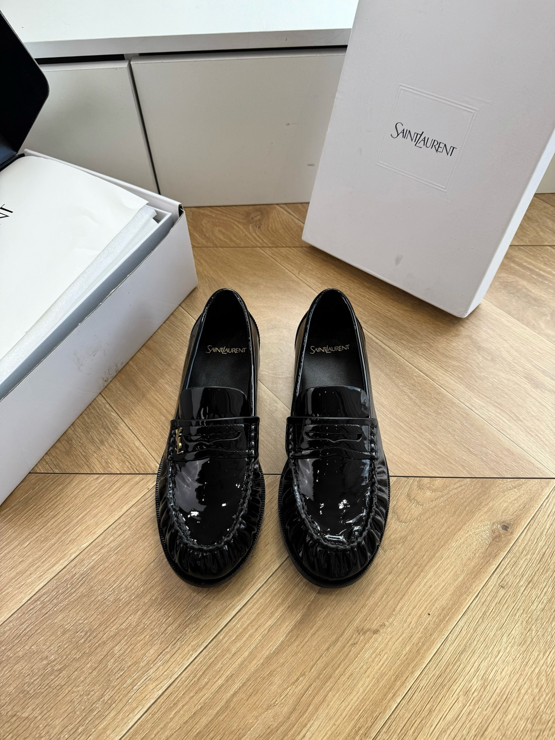 YSL Black Patent Ruched Logo Loafers