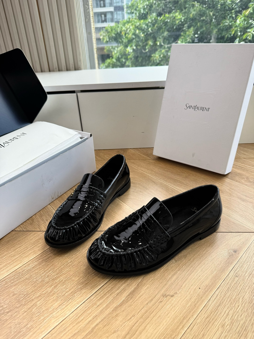 YSL Black Patent Ruched Logo Loafers