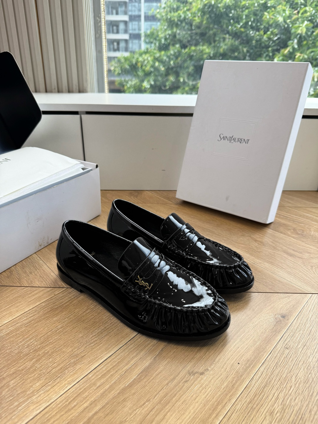 YSL Black Patent Ruched Logo Loafers