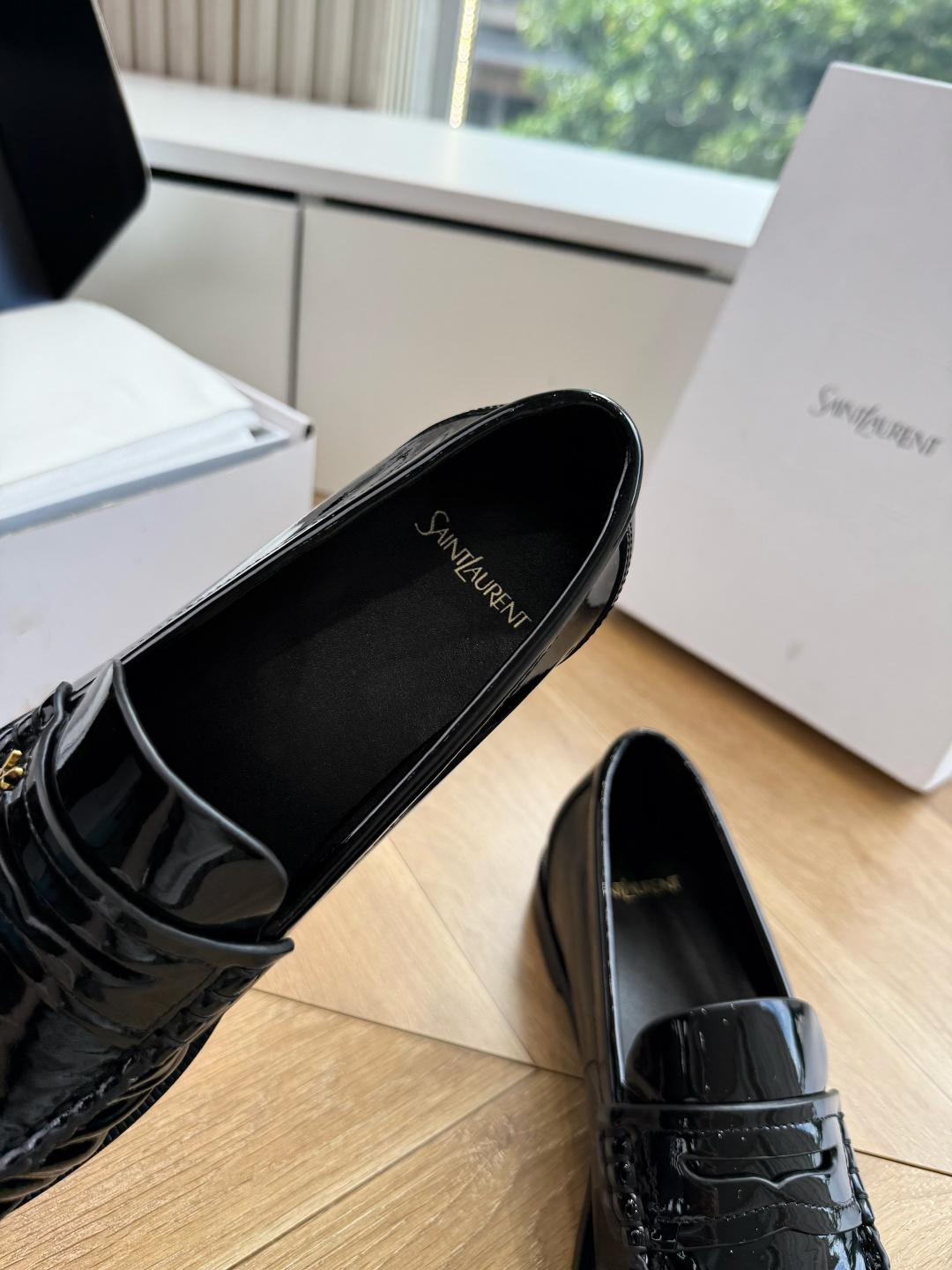 YSL Black Patent Ruched Logo Loafers