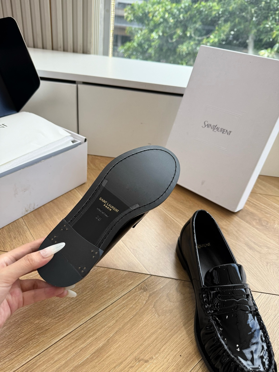 YSL Black Patent Ruched Logo Loafers