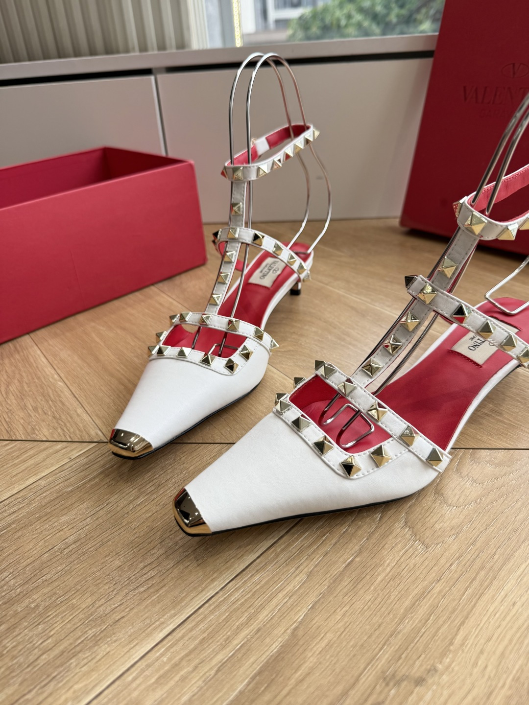 Valentino Rockstud White T-strap Kitten Heels