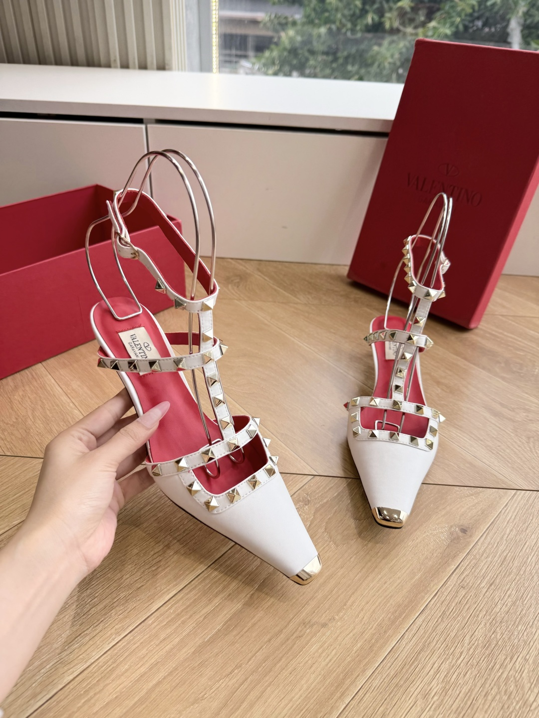 Valentino Rockstud White T-strap Kitten Heels
