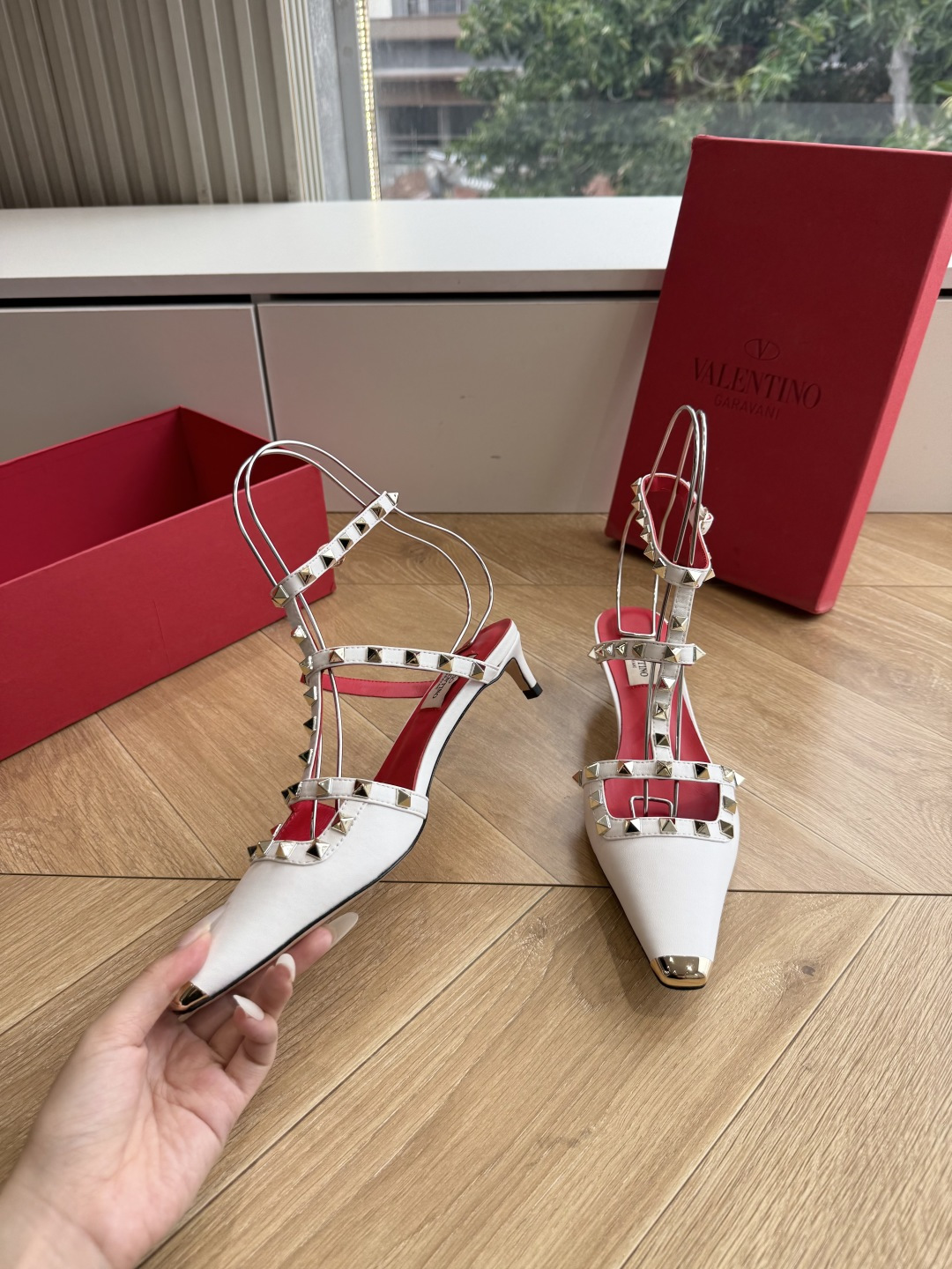 Valentino Rockstud White T-strap Kitten Heels
