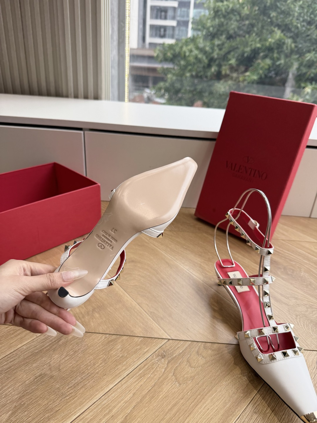 Valentino Rockstud White T-strap Kitten Heels