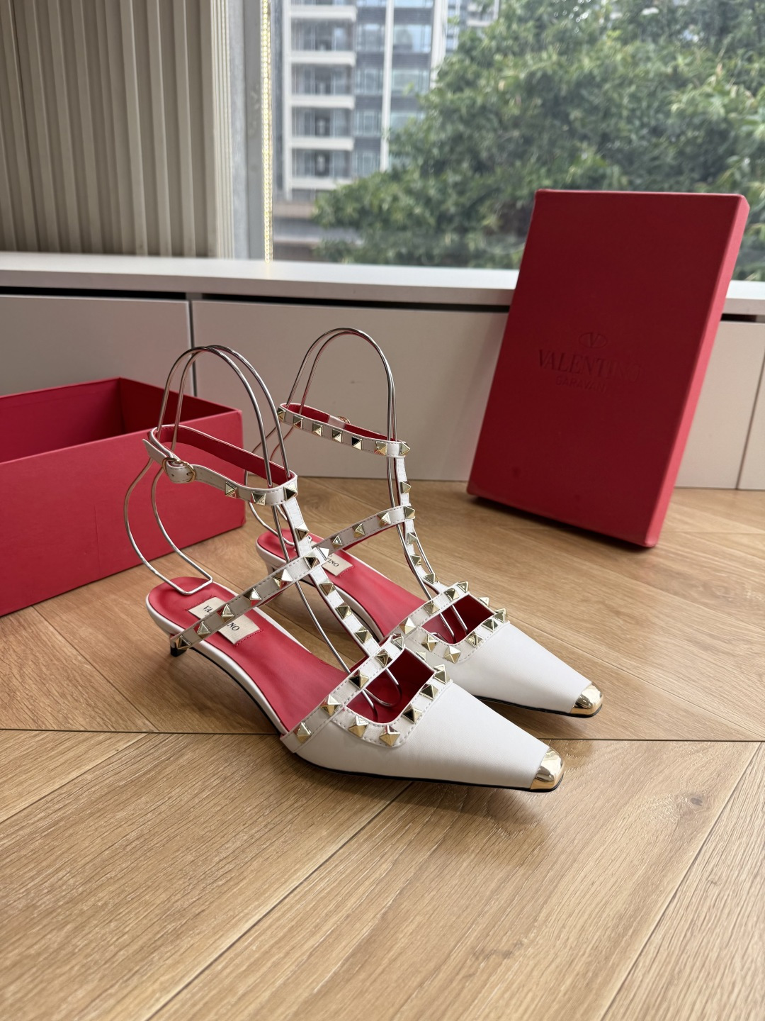Valentino Rockstud White T-strap Kitten Heels