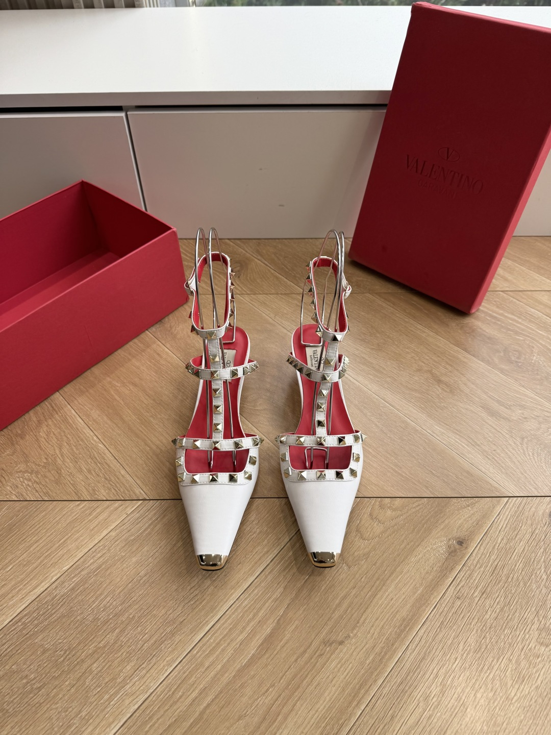 Valentino Rockstud White T-strap Kitten Heels