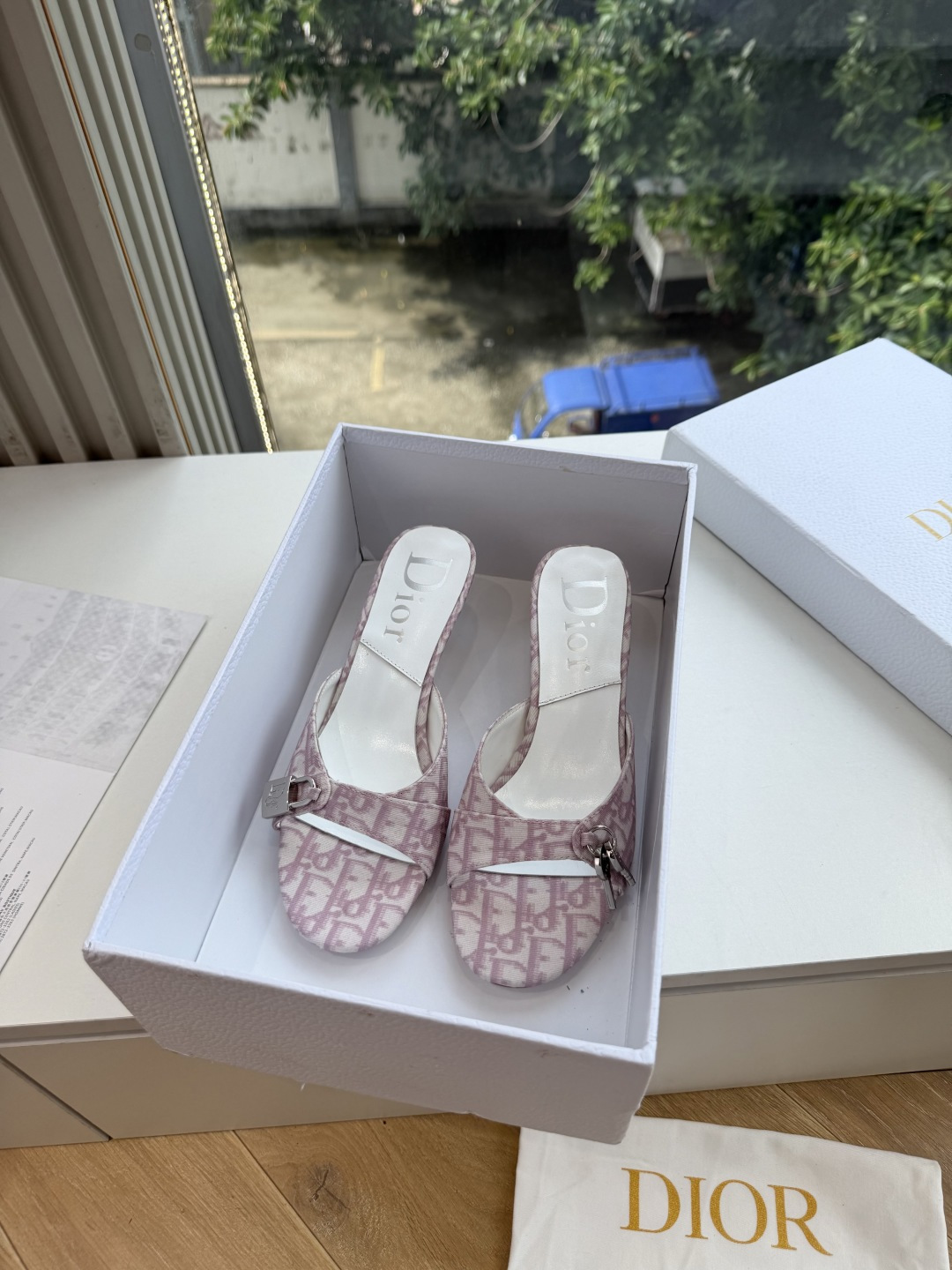 Pink Patterned Buckle Mules