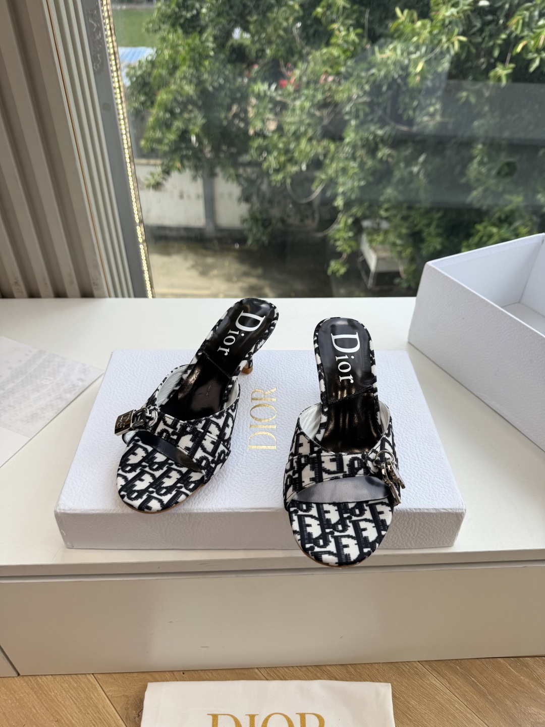 Black Patterned Buckle Mules