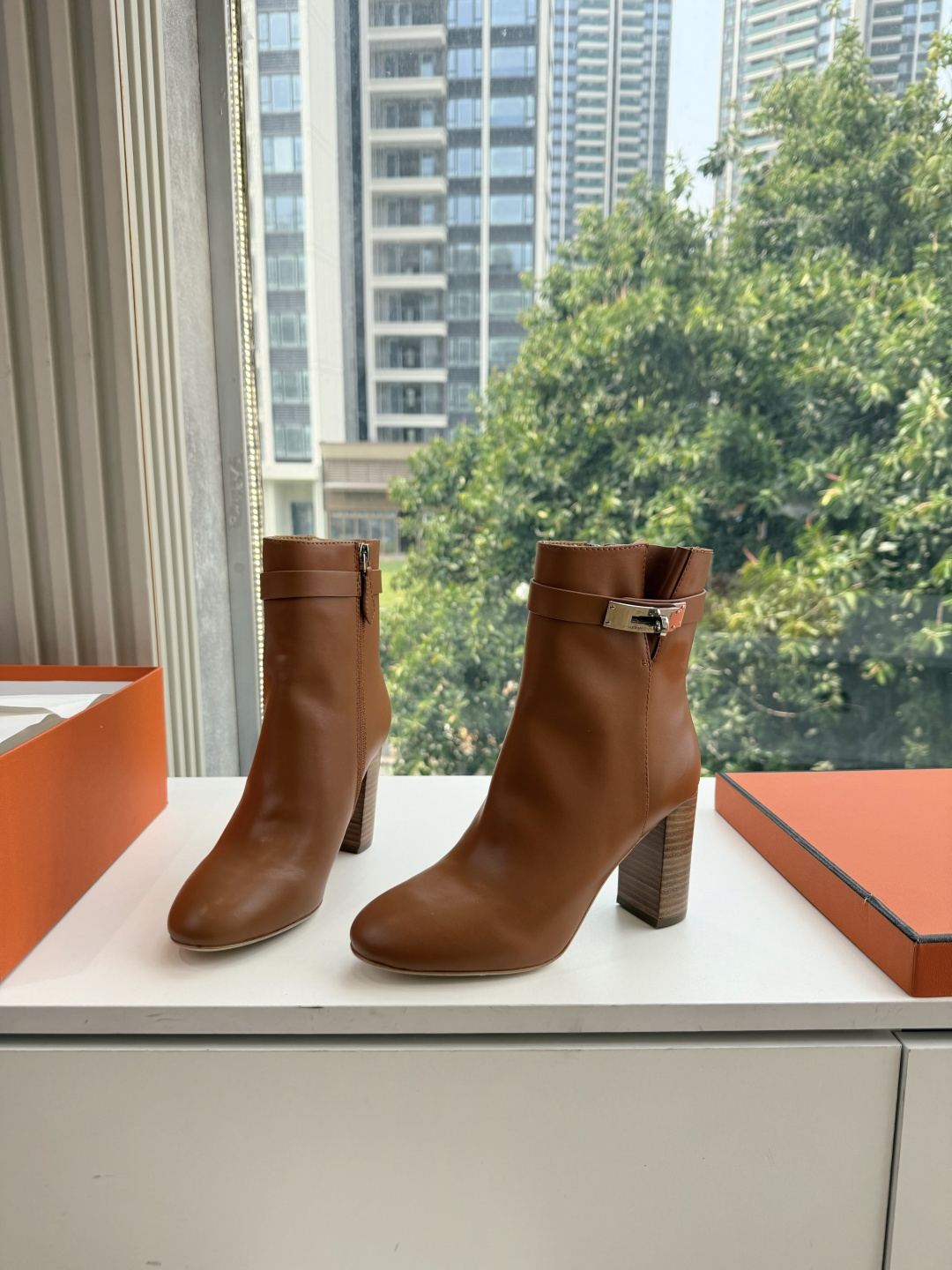 Hermes Tan Buckle Heeled Ankle Boots