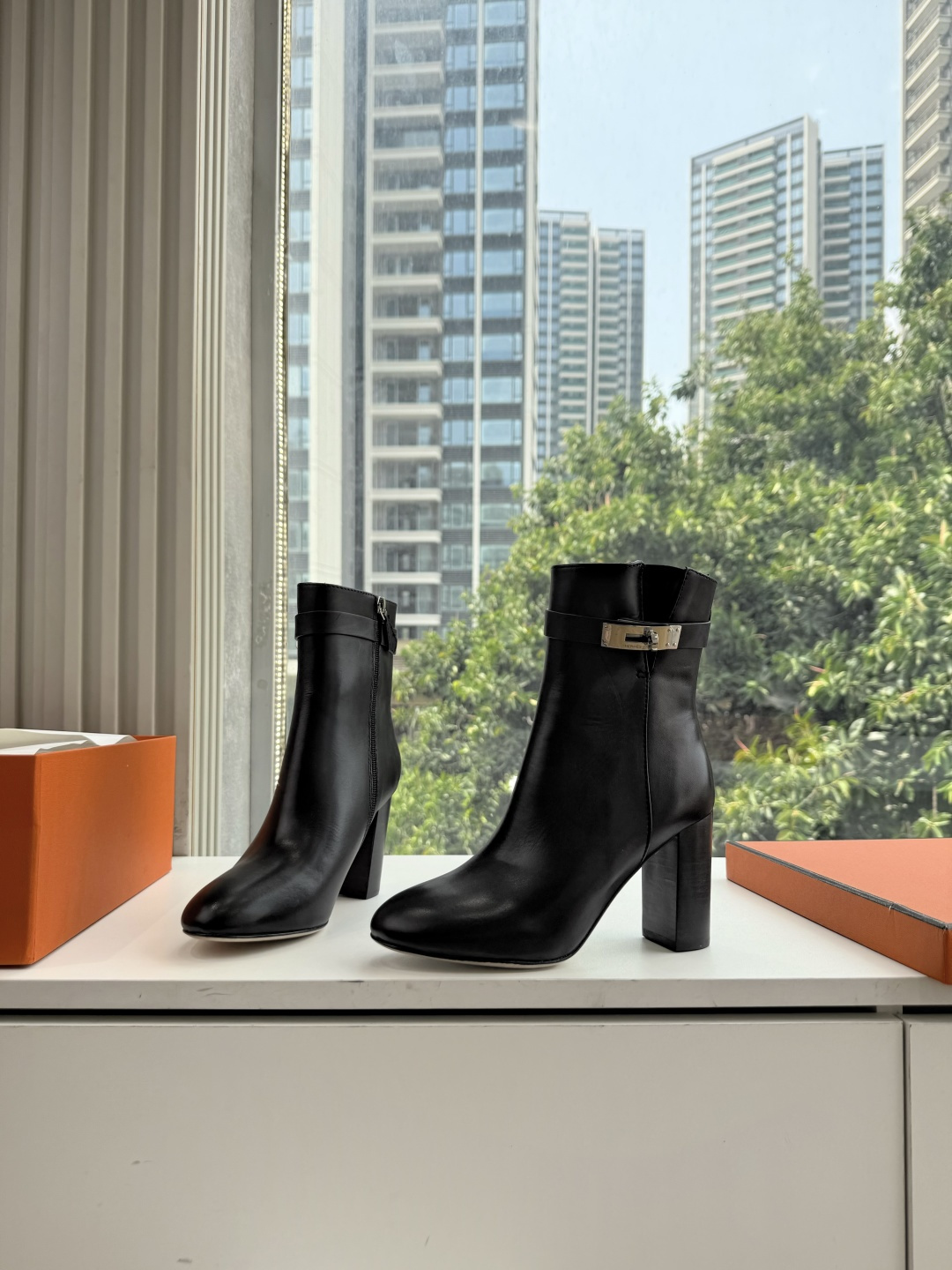 Hermes Black Buckle Heeled Ankle Boots