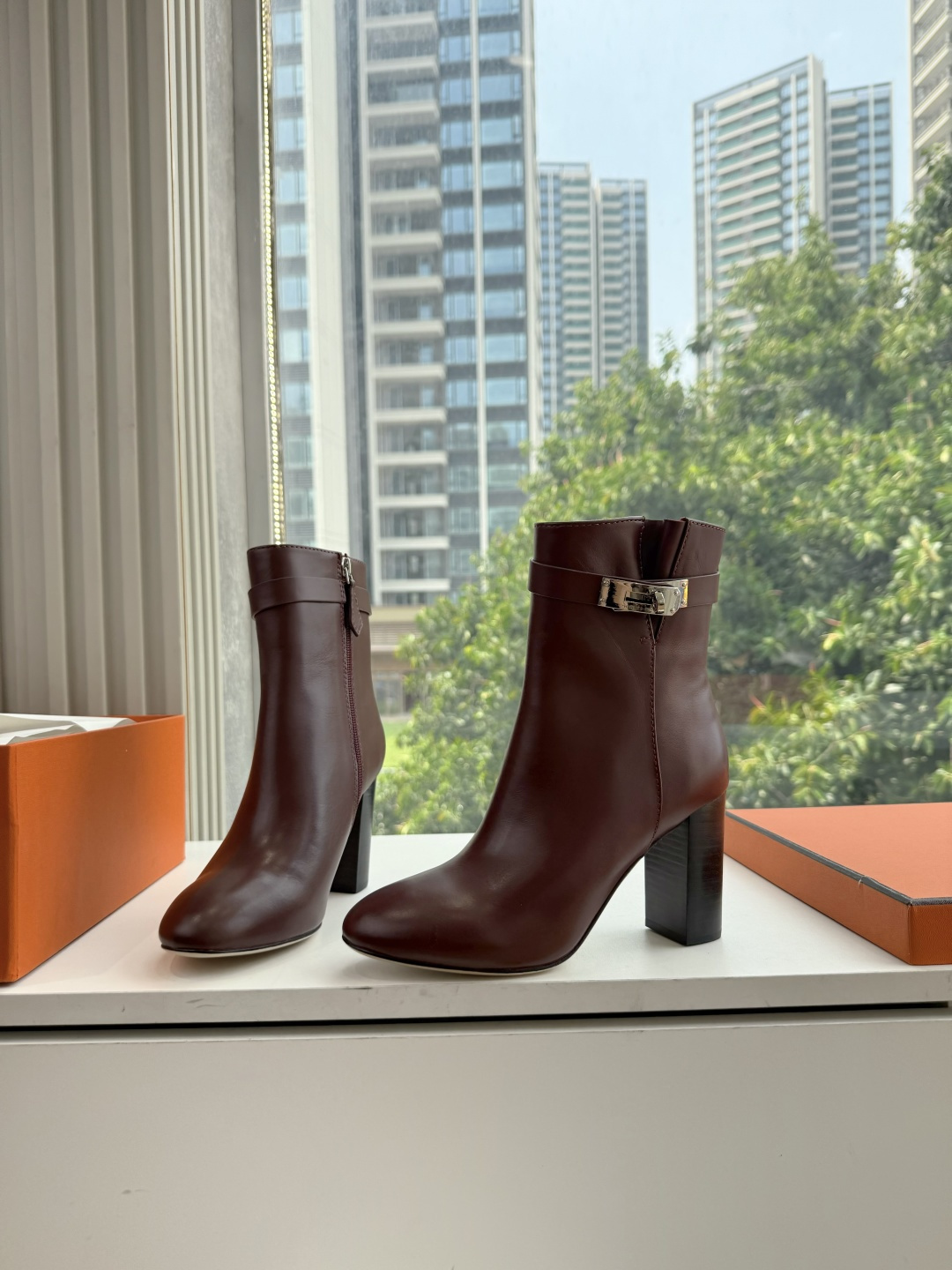 Hermes Burgundy Buckle Heeled Ankle Boots