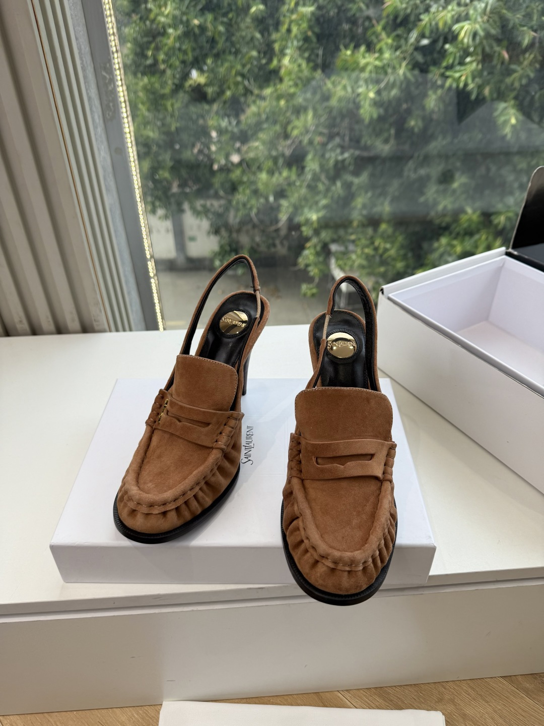 Saint Laurent Tan Fringed Slingback Loafers