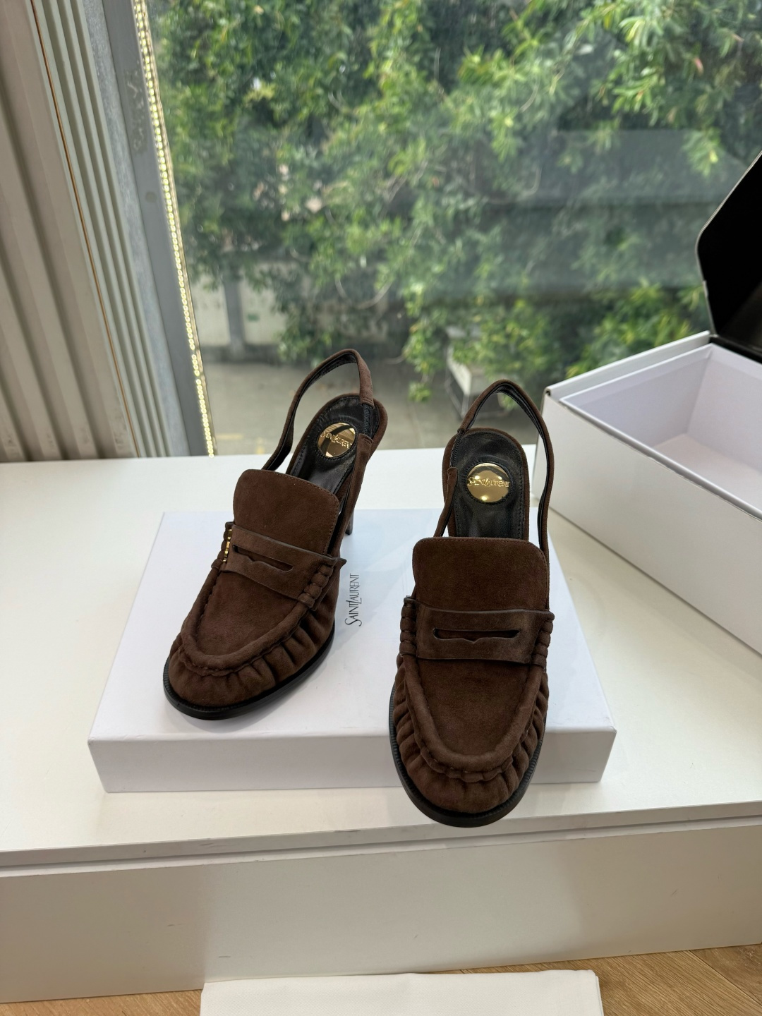 Saint Laurent Brown Fringed Slingback Loafers