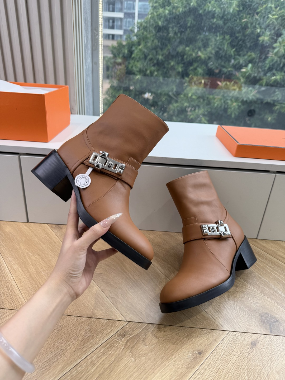 Hermes Brown Buckle Cap Toe Ankle Boots