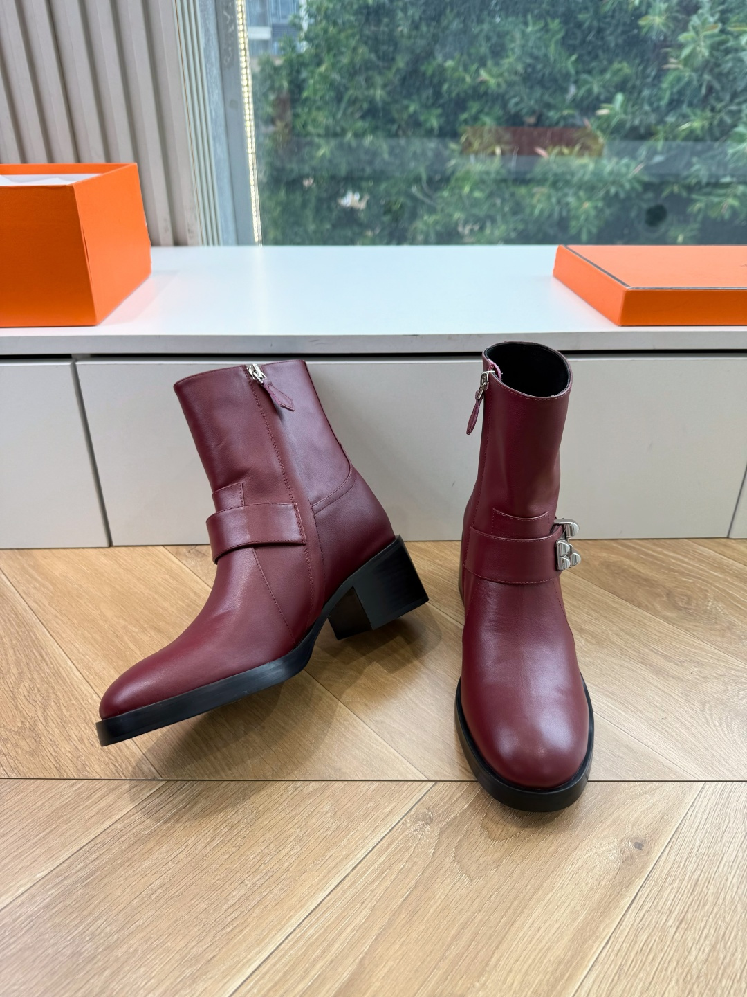 Hermes Burgundy Strap Cap Toe Ankle Boots