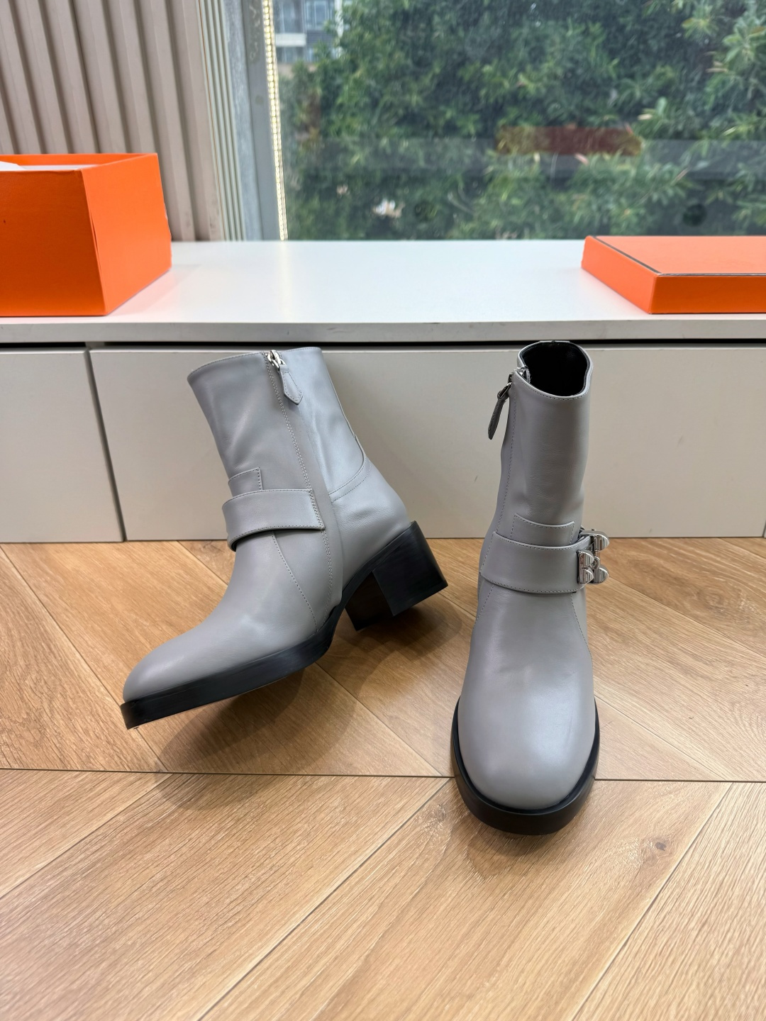 Hermes Gray Strap Cap Toe Ankle Boots