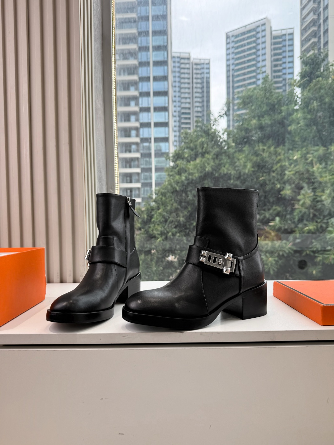 Hermes Black Buckle Ankle Boots