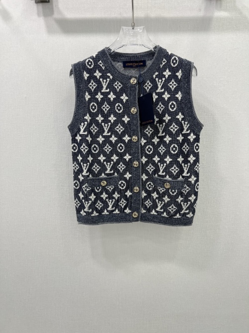 Louis Vuitton Monogram Jacquard Wool Blend Knit Vest Cardigan, Gray/Blue 1 Louis Vuitton Monogram Jacquard Wool Blend Knit Vest Cardigan, Gray/Blue