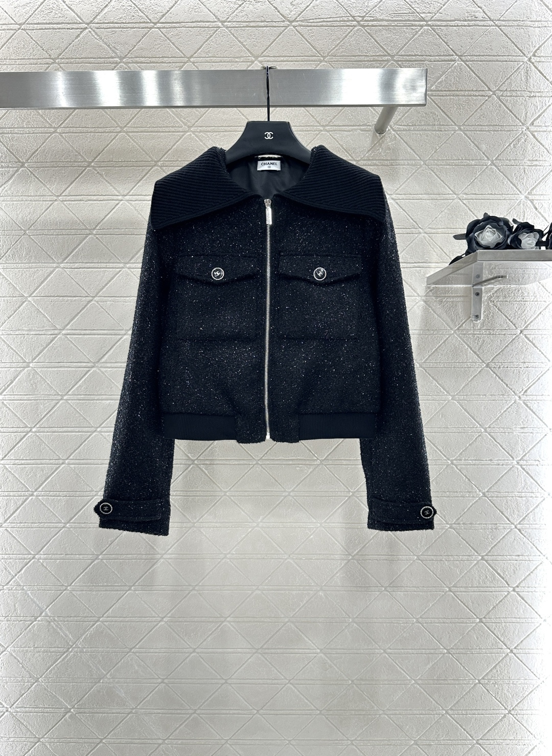 ♥Chane*♥2025新品上架 编织银丝洋装拉链外套定制YB进口银丝粗纺材质 肌理明显 质感上乘 黑色
