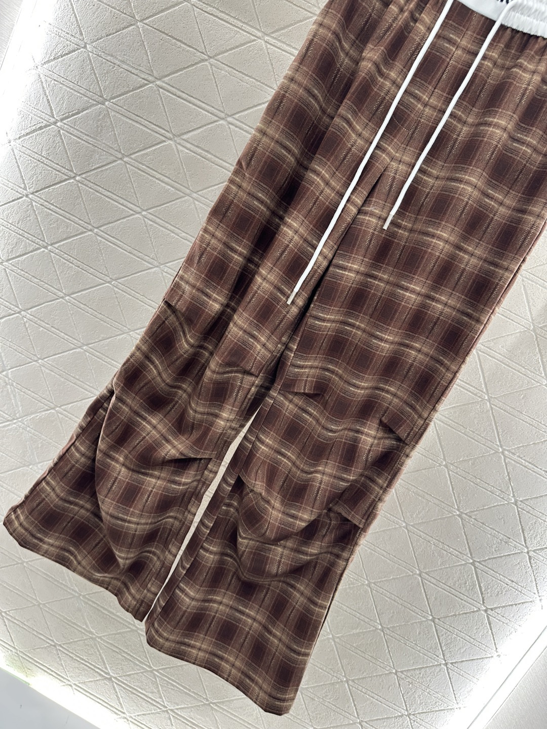 ♥Miumi*♥2025新品上架 格纹褶皱抽绳长裤定制YB进口材质 质感柔软亲肤 垂感更强 品相高级 高