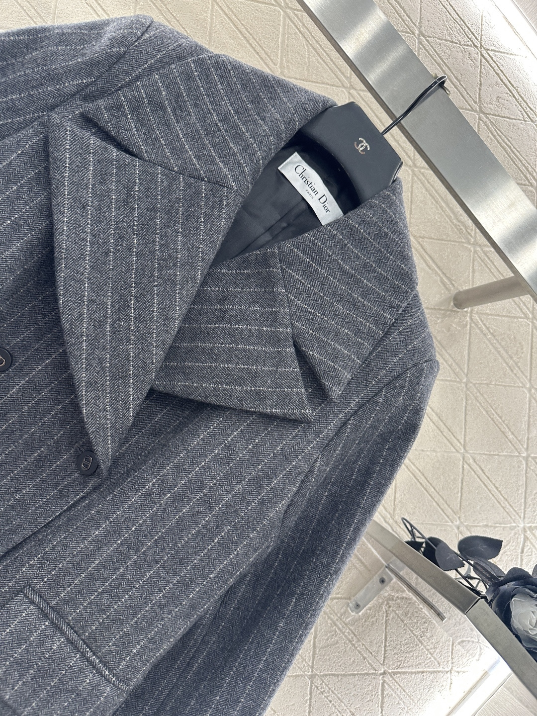 ♥Dio*♥2025新品上架 大翻领条纹西装外套定制YB进口棉毛材质 质感光泽高级 垂顺有型 正肩加宽大