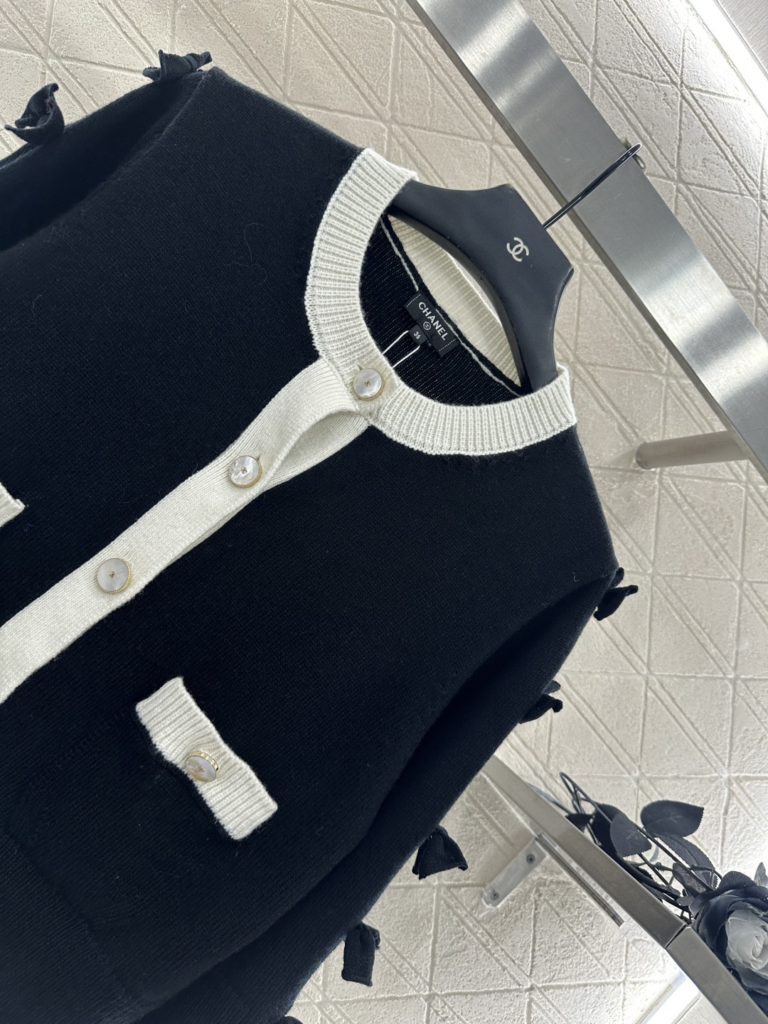 ♥Chane*♥2025新品上架 蝴蝶结针织开衫定制YB羊绒纱线织造 质感光泽 柔软亲肤 中袖针织开衫版