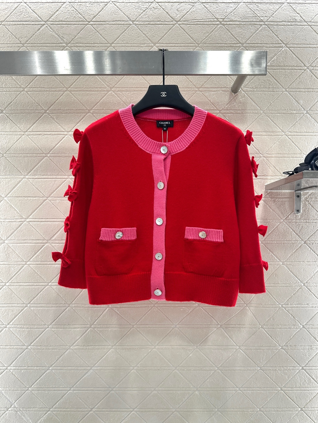 ♥Chane*♥2025新品上架 蝴蝶结针织开衫定制YB羊绒纱线织造 质感光泽 柔软亲肤 中袖针织开衫版