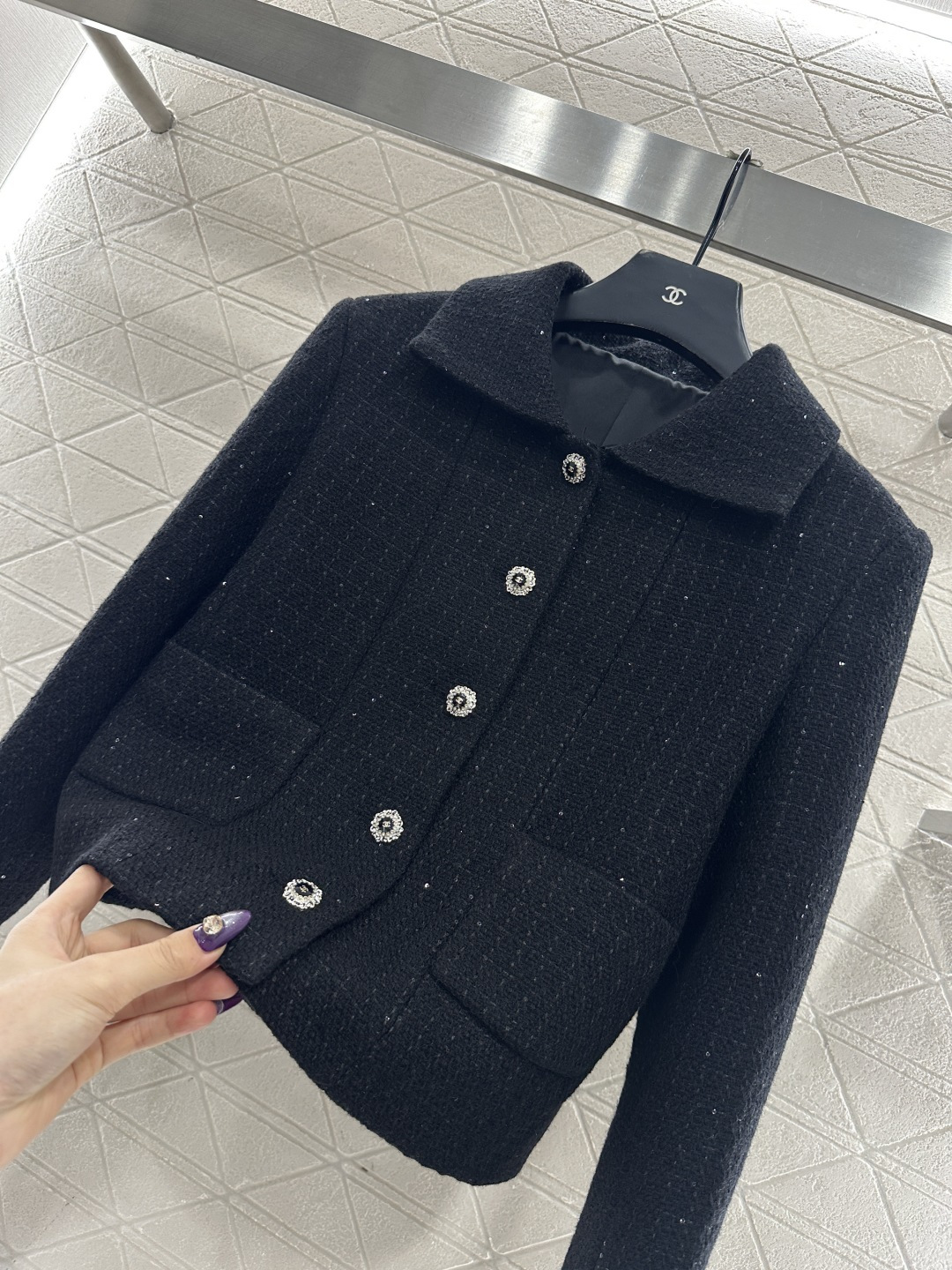 ♥Chane*♥2025新品上架 格纹粗花呢珠片洋装外套定制YB进口粗纺羊毛呢材质，肌理明显，质感上乘，