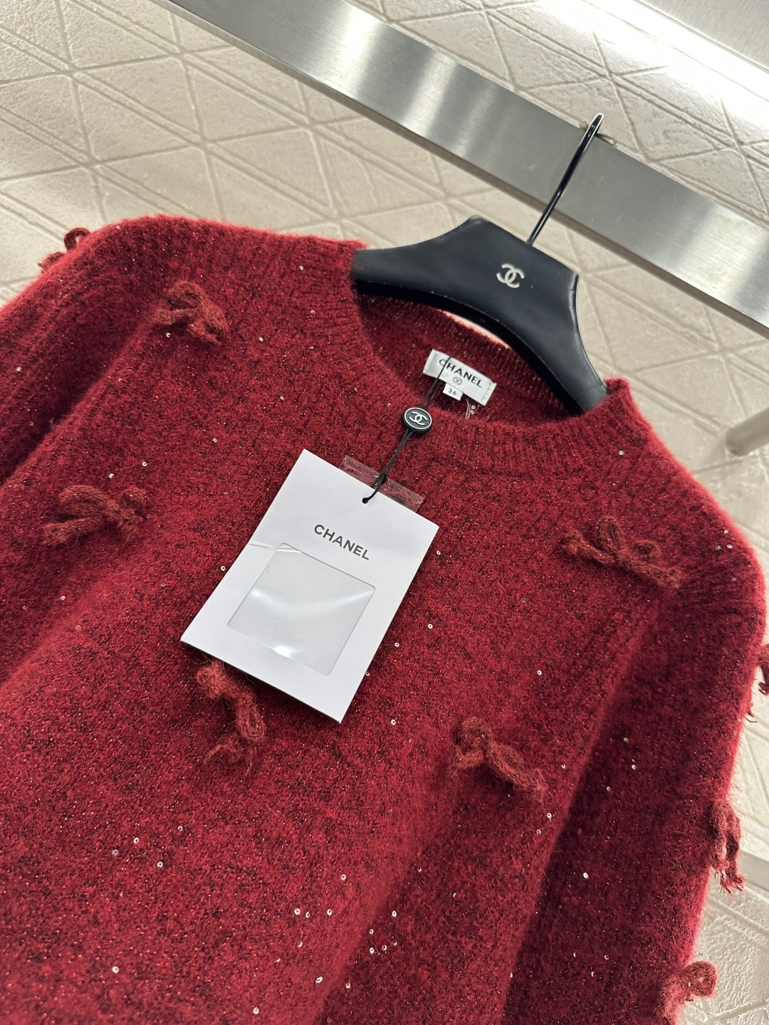 ♥Chane*♥2026新品上架 蝴蝶结亮片套头毛衣定制YB进口纱线织造，柔软细腻，穿搭舒适，圆领套头毛