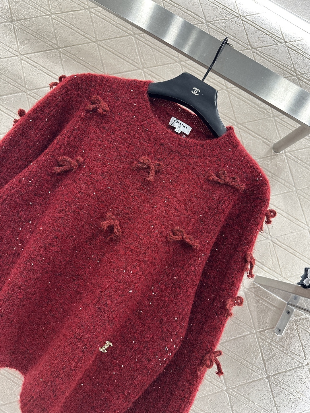 ♥Chane*♥2026新品上架 蝴蝶结亮片套头毛衣定制YB进口纱线织造，柔软细腻，穿搭舒适，圆领套头毛