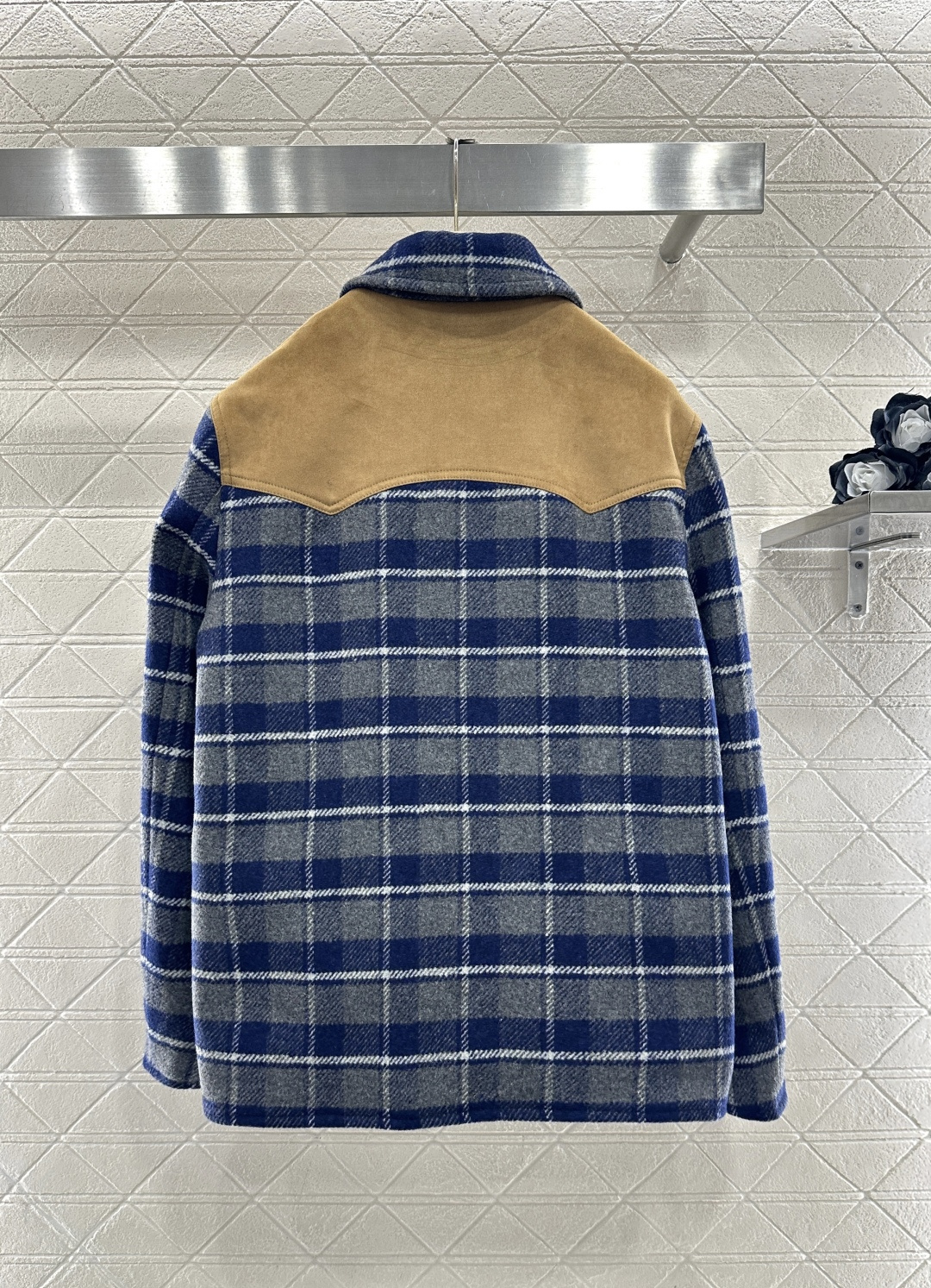 ♥Miumi*♥2026新品上架 麂皮拼接格纹毛呢棉服外套定制YB进口百分百初剪羊毛呢材质，质感高级，内