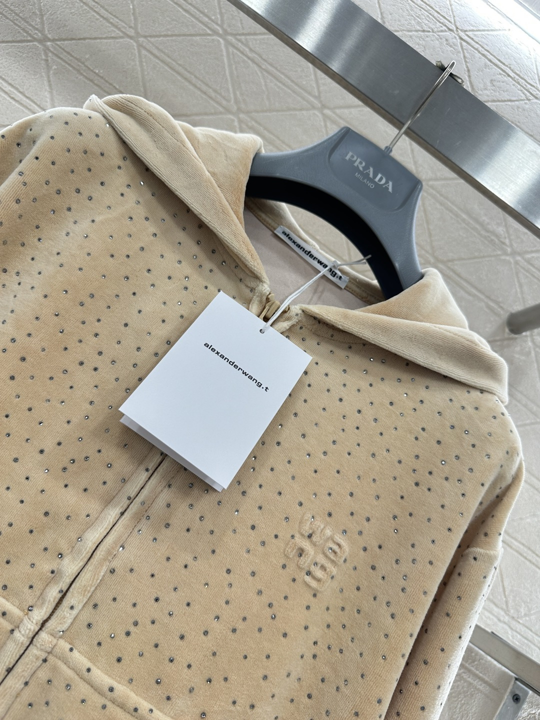 ♥Alexander wan*♥2026新品上架 连帽烫钻丝绒外套长裤套装定制YB进口丝绒材质，质感光泽