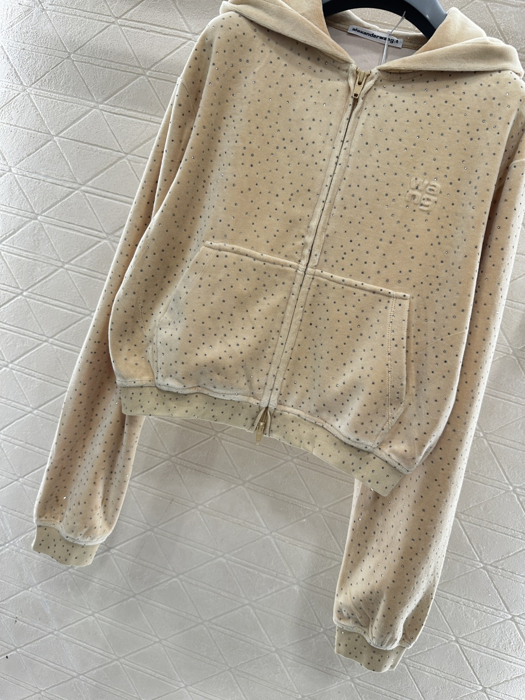 ♥Alexander wan*♥2026新品上架 连帽烫钻丝绒外套长裤套装定制YB进口丝绒材质，质感光泽