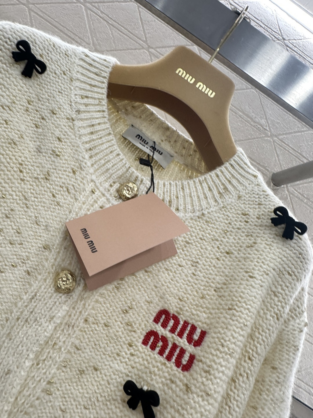 ♥Miumi*♥2026新品上架 立体蝴蝶结彩点针织开衫定制YB羊毛纱线织造，质感高级，舒适柔软，圆领针