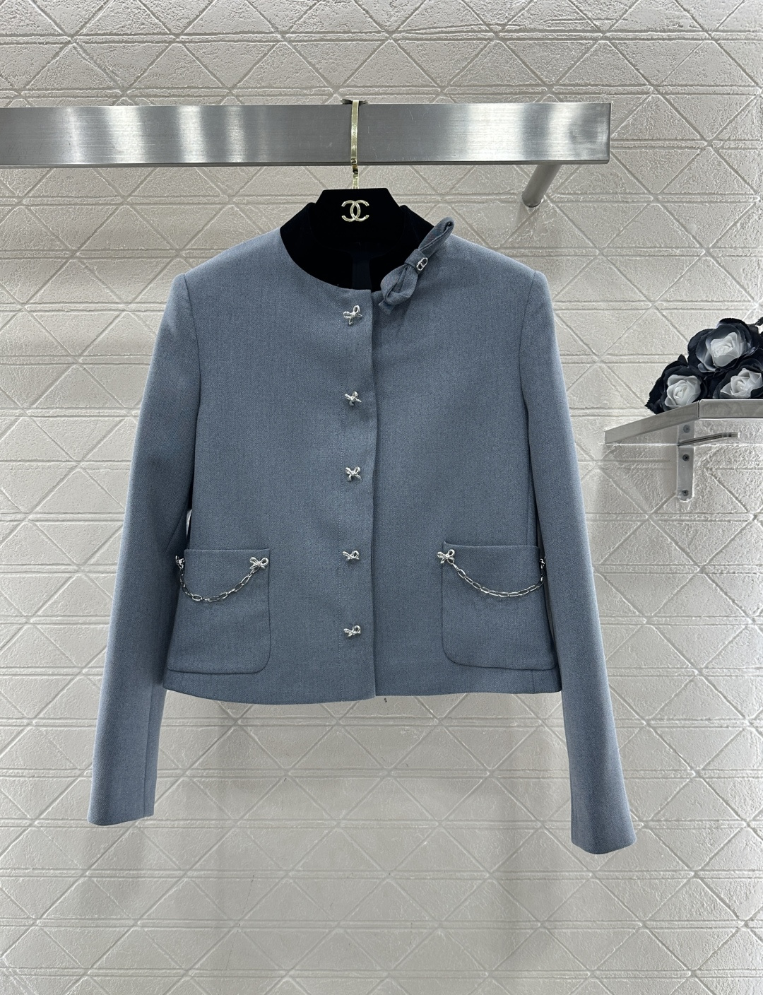 ♥Dio*♥2026新品上架 撞色立领外套百褶裙套装定制YB进口人棉材质，质感细腻，穿搭有型，雾霾蓝套装