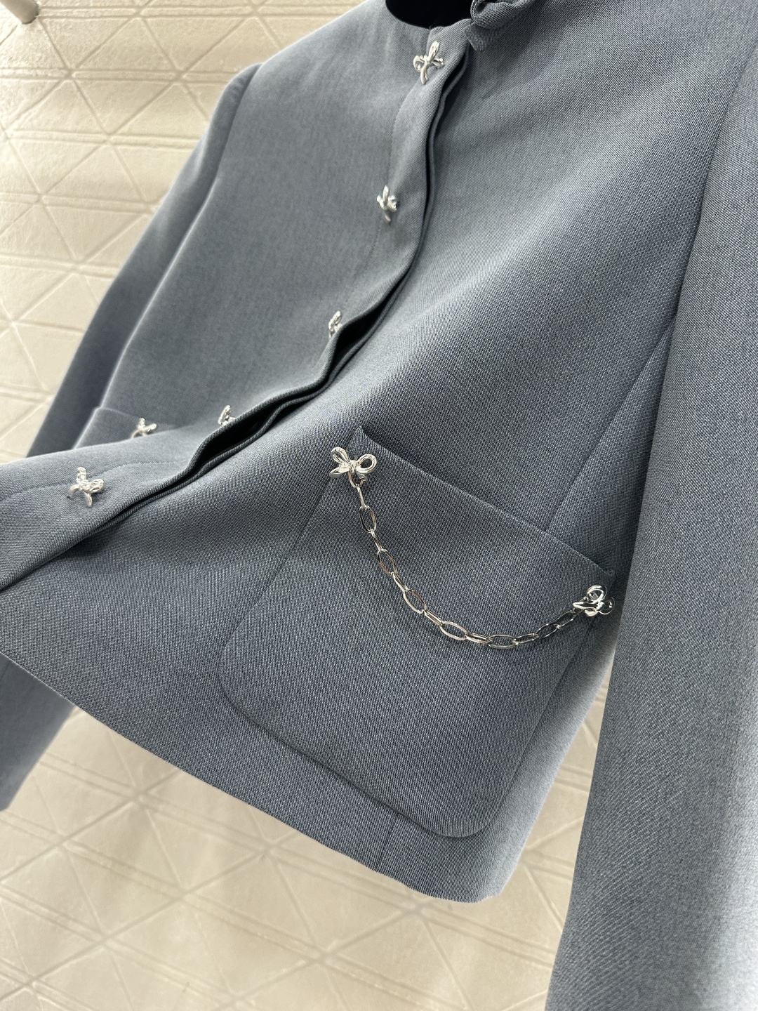 ♥Dio*♥2026新品上架 撞色立领外套百褶裙套装定制YB进口人棉材质，质感细腻，穿搭有型，雾霾蓝套装