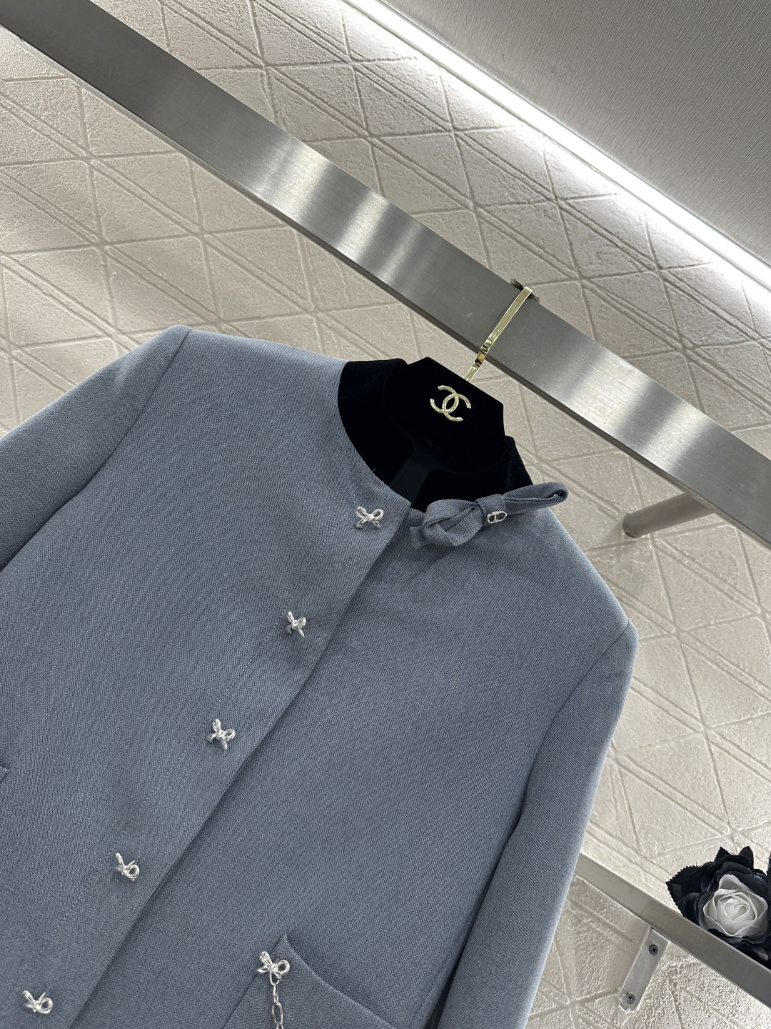 ♥Dio*♥2026新品上架 撞色立领外套百褶裙套装定制YB进口人棉材质，质感细腻，穿搭有型，雾霾蓝套装