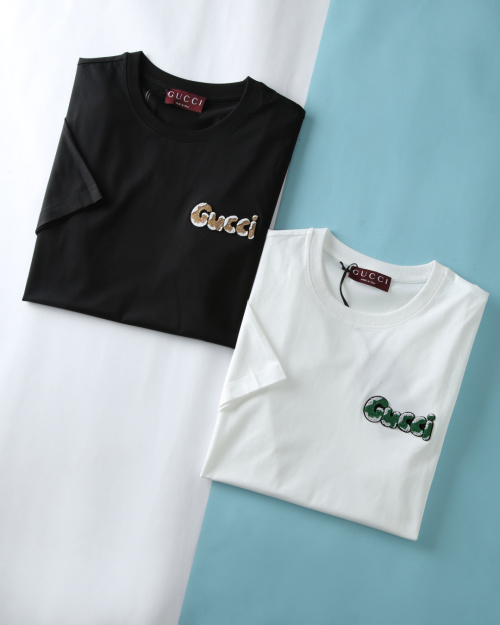 Gucci Men's Crewneck Cotton T-Shirt with Embroidered Logo - Short Sleeve 1 Gucci Men's Crewneck Cotton T-Shirt with Embroidered Logo - Short Sleeve