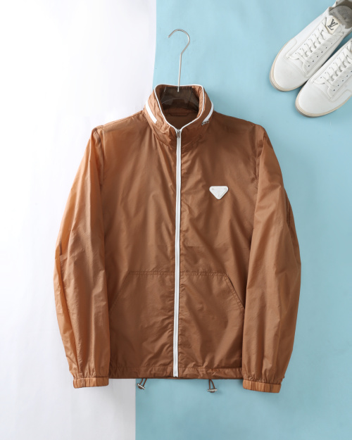 Prada Men's Nylon Jacket with Triangle Logo, Lightweight Windbreaker, Khaki 1 Prada Men's Nylon Jacket with Triangle Logo, Lightweight Windbreaker, Khaki