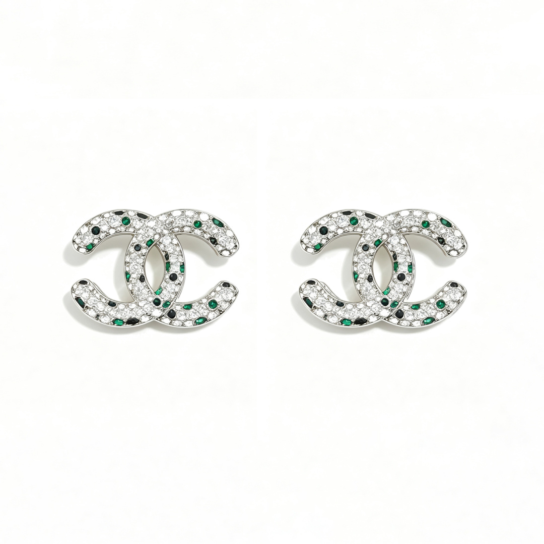NO:921574,Ch@nel26A full diamond green double C earrings, Chanel earrings, chanel19860909Ch@nel26A满钻绿色双C耳钉,香奈儿耳钉,chanel,Jewelry
