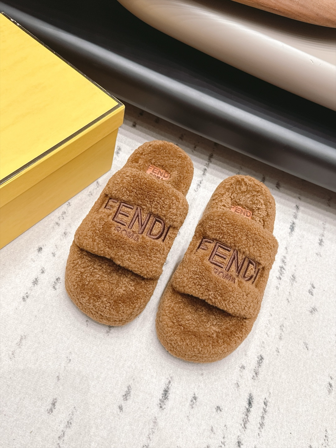 Fendi Tan Fuzzy Logo Slide Sandals