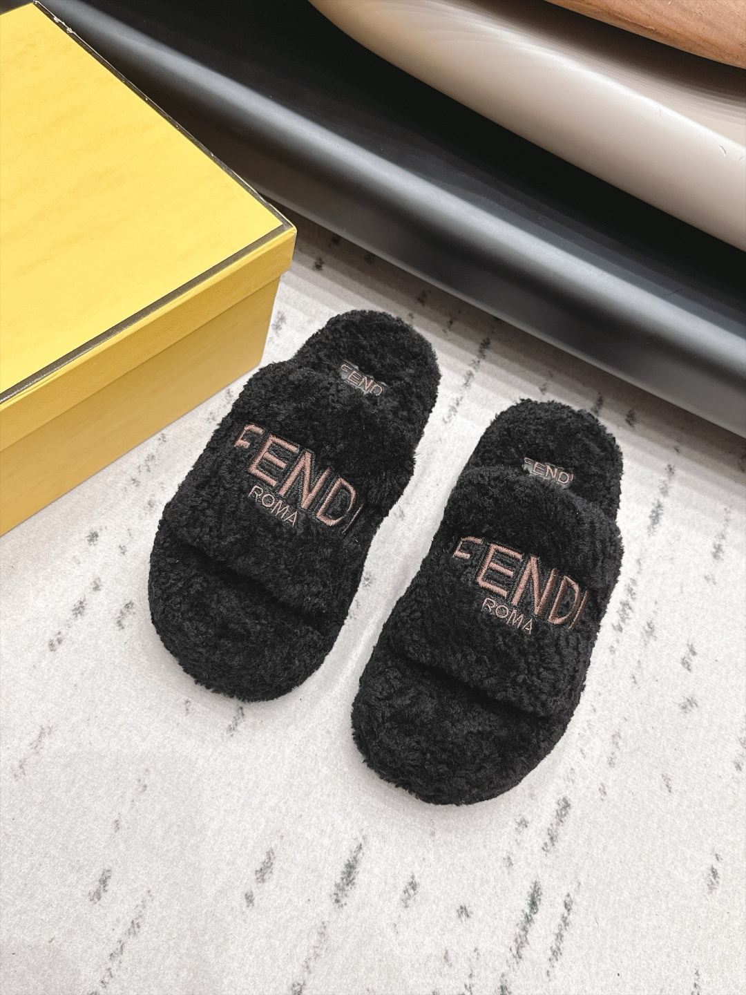 Fendi Black Fuzzy Logo Slide Sandals