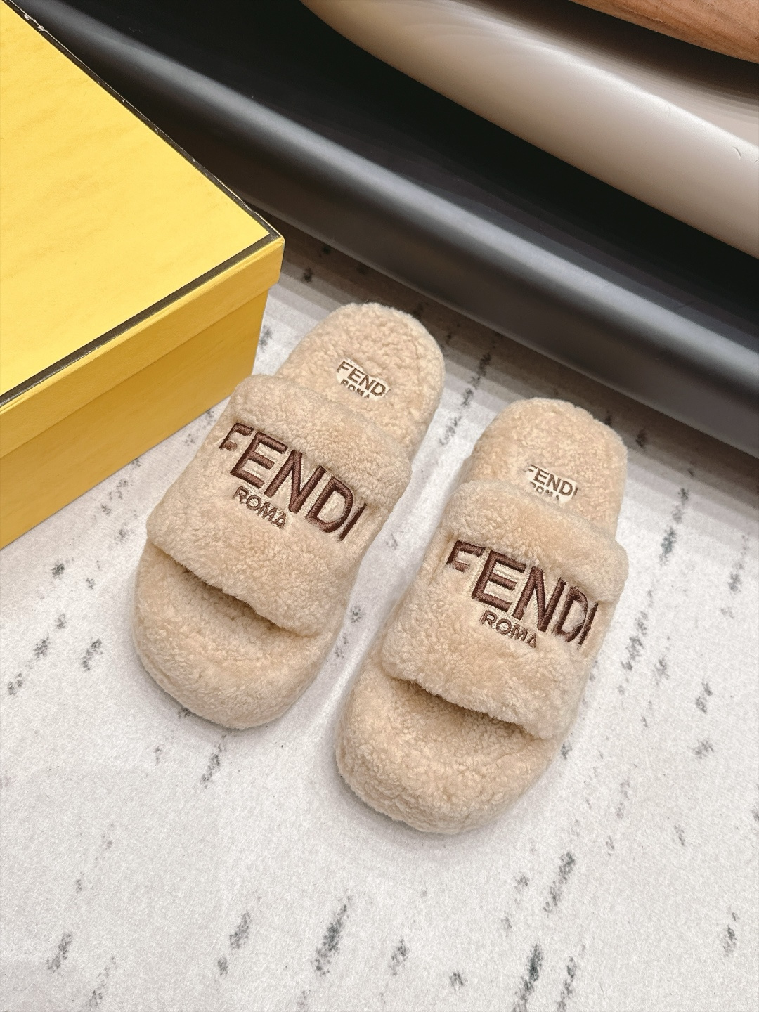 Fendi Beige Fuzzy Logo Slide Sandals