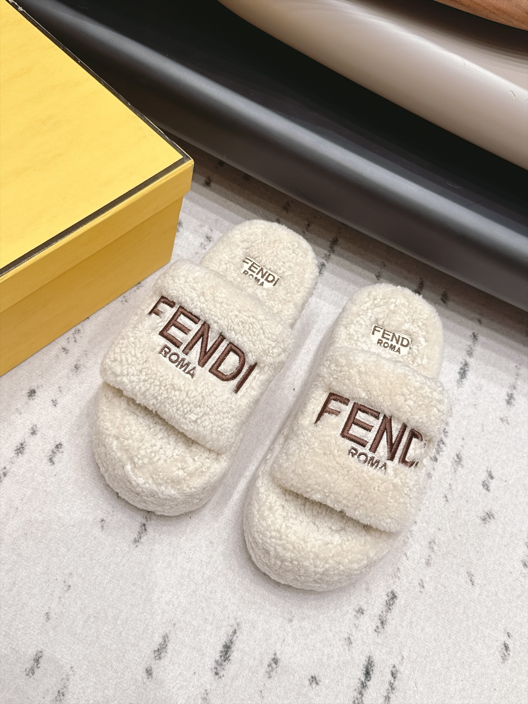 Fendi White Fuzzy Logo Slide Sandals