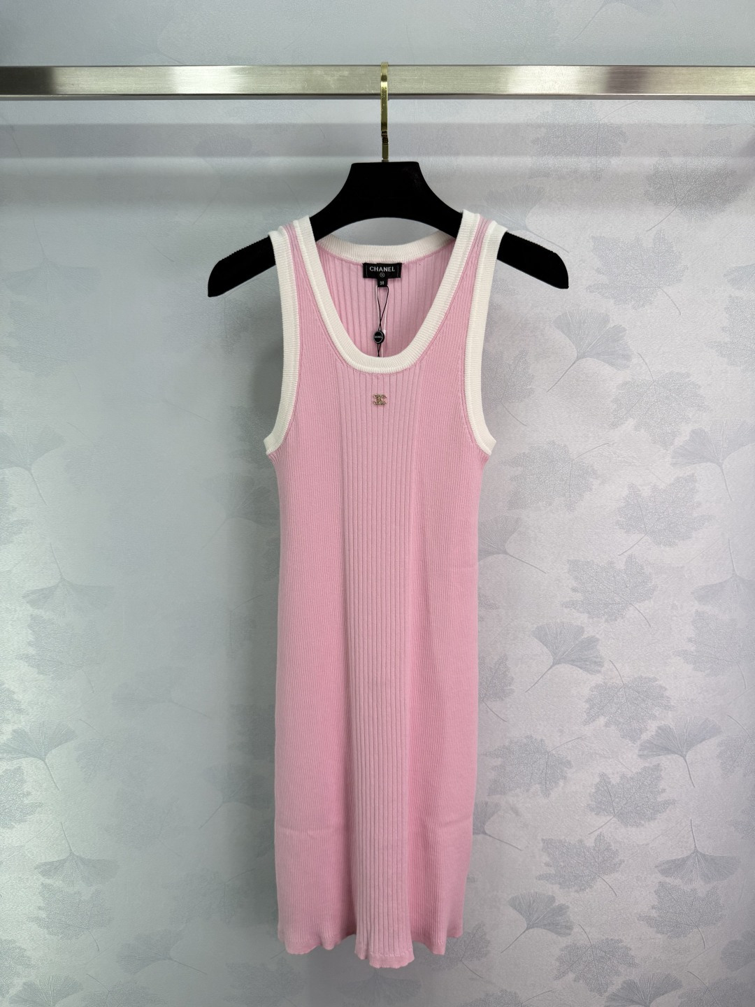 Chanel Pink Knit Mini Dress with White Trim, Sleeveless, Slim Fit